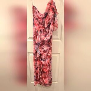 Zara RUFFLES elegant Pink and Purple Print Dress, L.  NWOT.